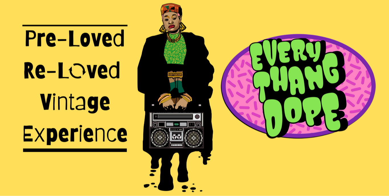 Person with a boombox, text about vintage experience, and a speech bubble saying 'Very Thang Dope' on yellow background.