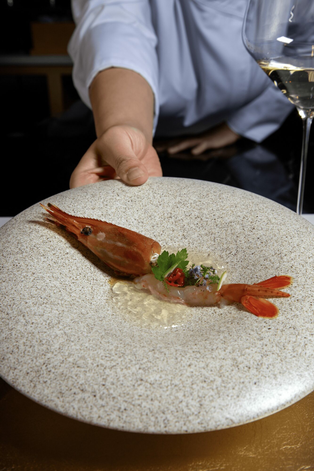 Person presenting a plated seafood dish with a shrimp, garnished with herbs and vegetables, on a textured white plate.