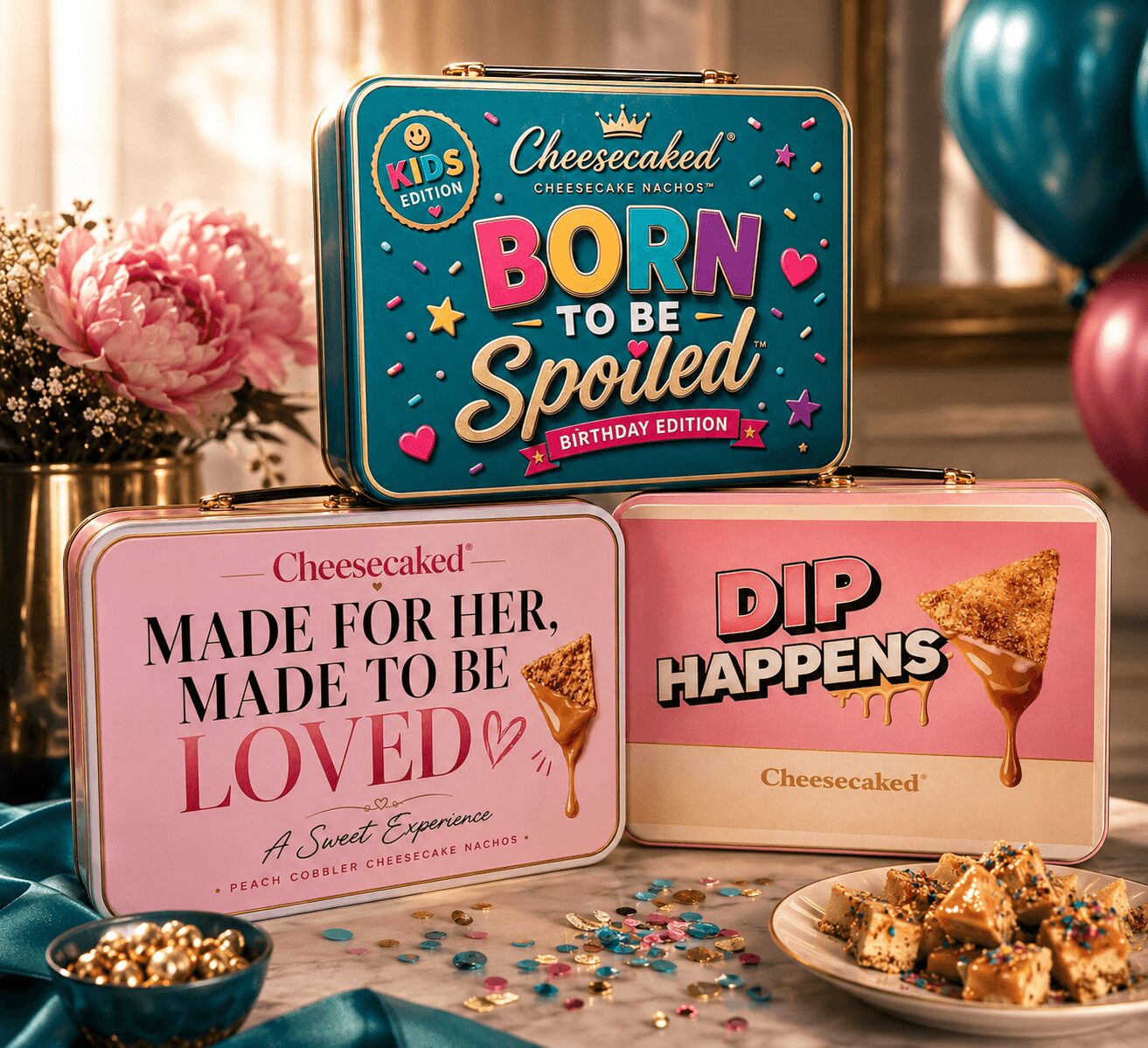 Three colorful lunch boxes with birthday messages, pink flowers, balloons, and a plate of treats in the background.