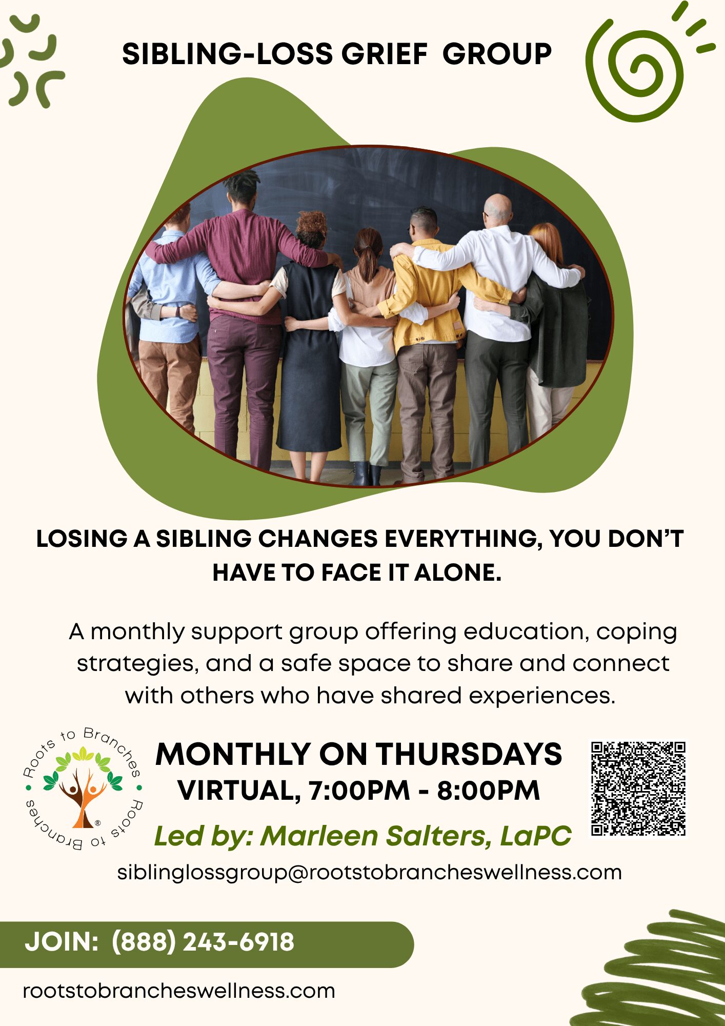 Group of people hugging in a circle at a support group meeting, with text about grief and support, and contact information.