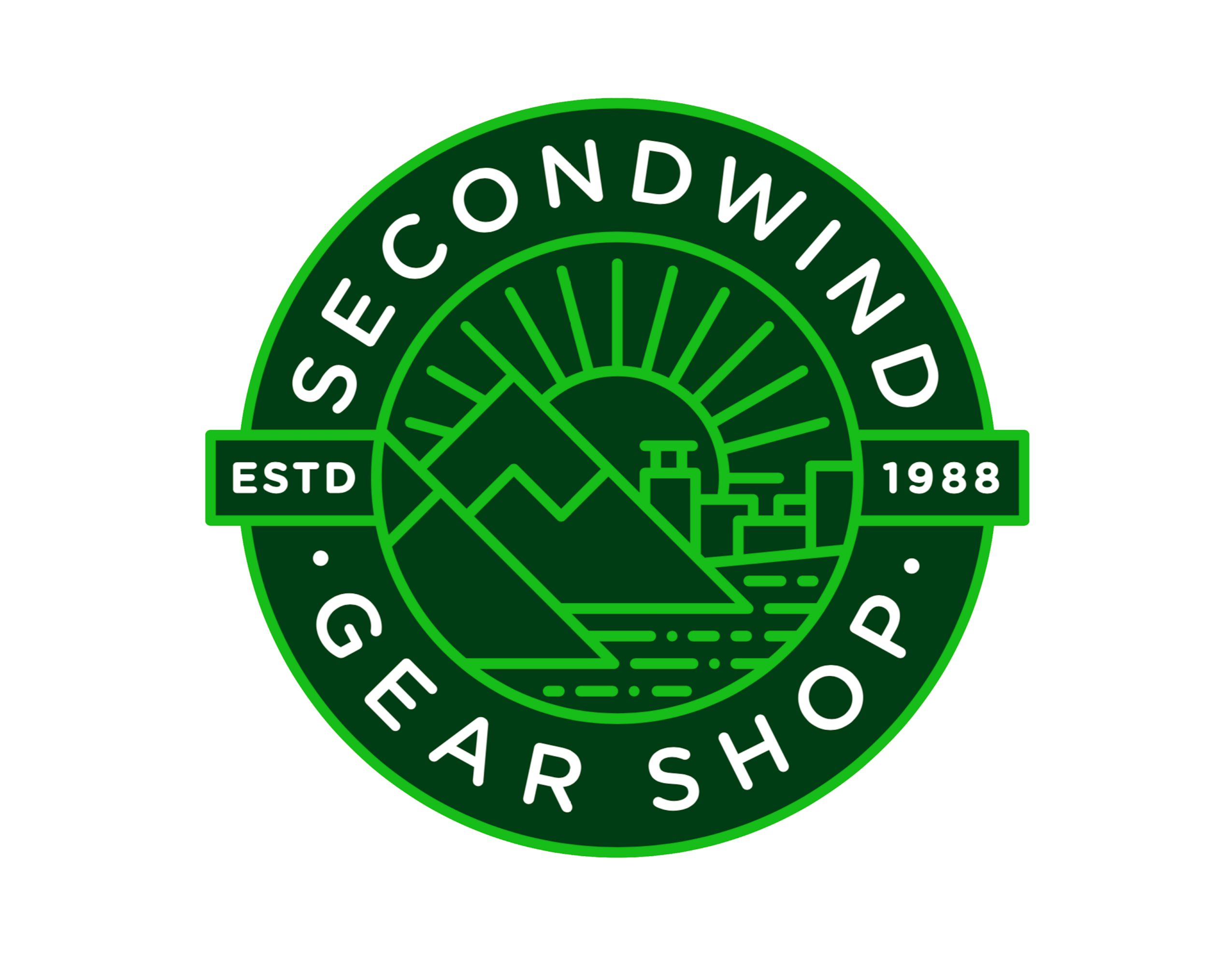 Green circular logo with mountains, sun, and factory, reading 'Second Wind Gear Shop,' 'ESTD 1988,' on black background.