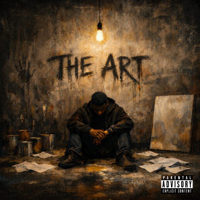 Person sitting on the floor in a dark room with graffiti reading 'THE ART' on the wall, surrounded by papers and art supplies.