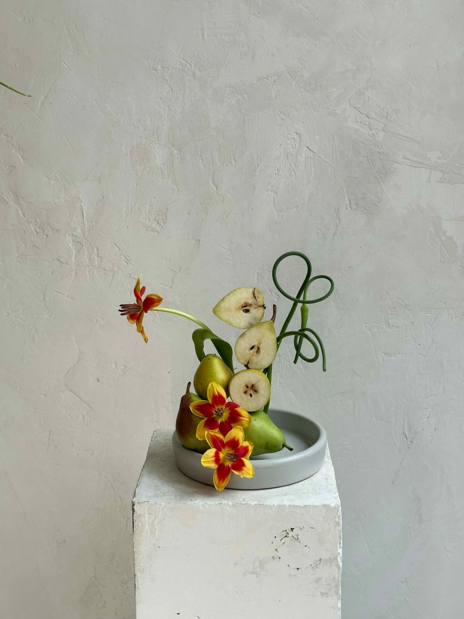 A green plant with sliced bananas and red and yellow flowers in a container on a white surface.
