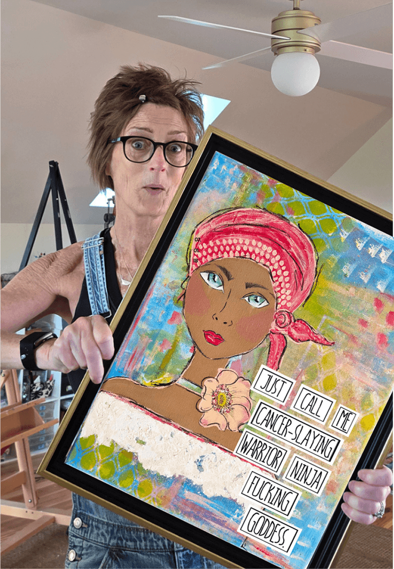 Woman with glasses holding a colorful portrait of a woman with pink headscarf and jewelry.