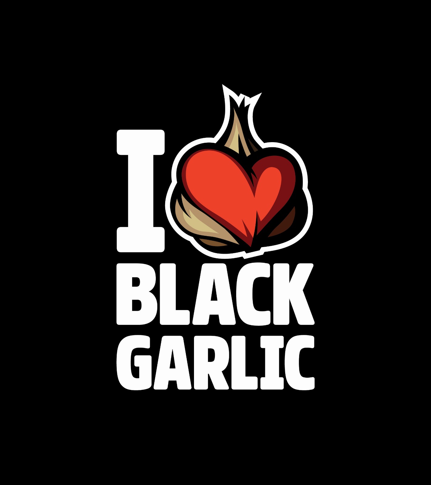 Heart with garlic illustration and text 'I BLACK GARLIC' on black background.
