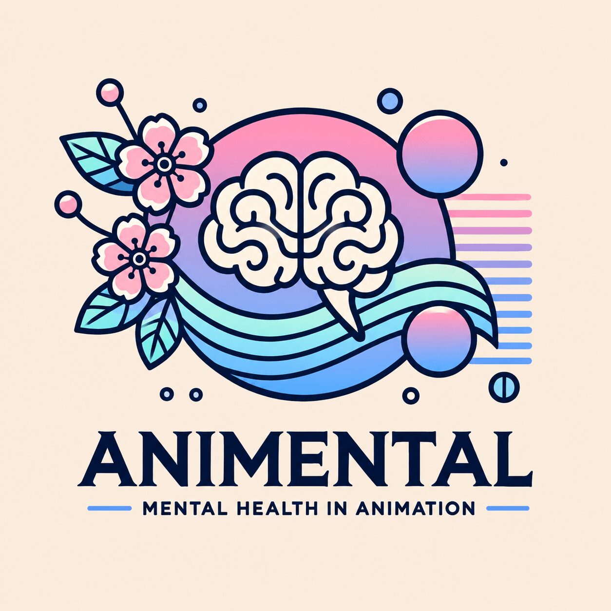 A stylized brain with flowers and abstract shapes, representing mental health in animation, with the text 'ANIMENTAL' and a subtitle.