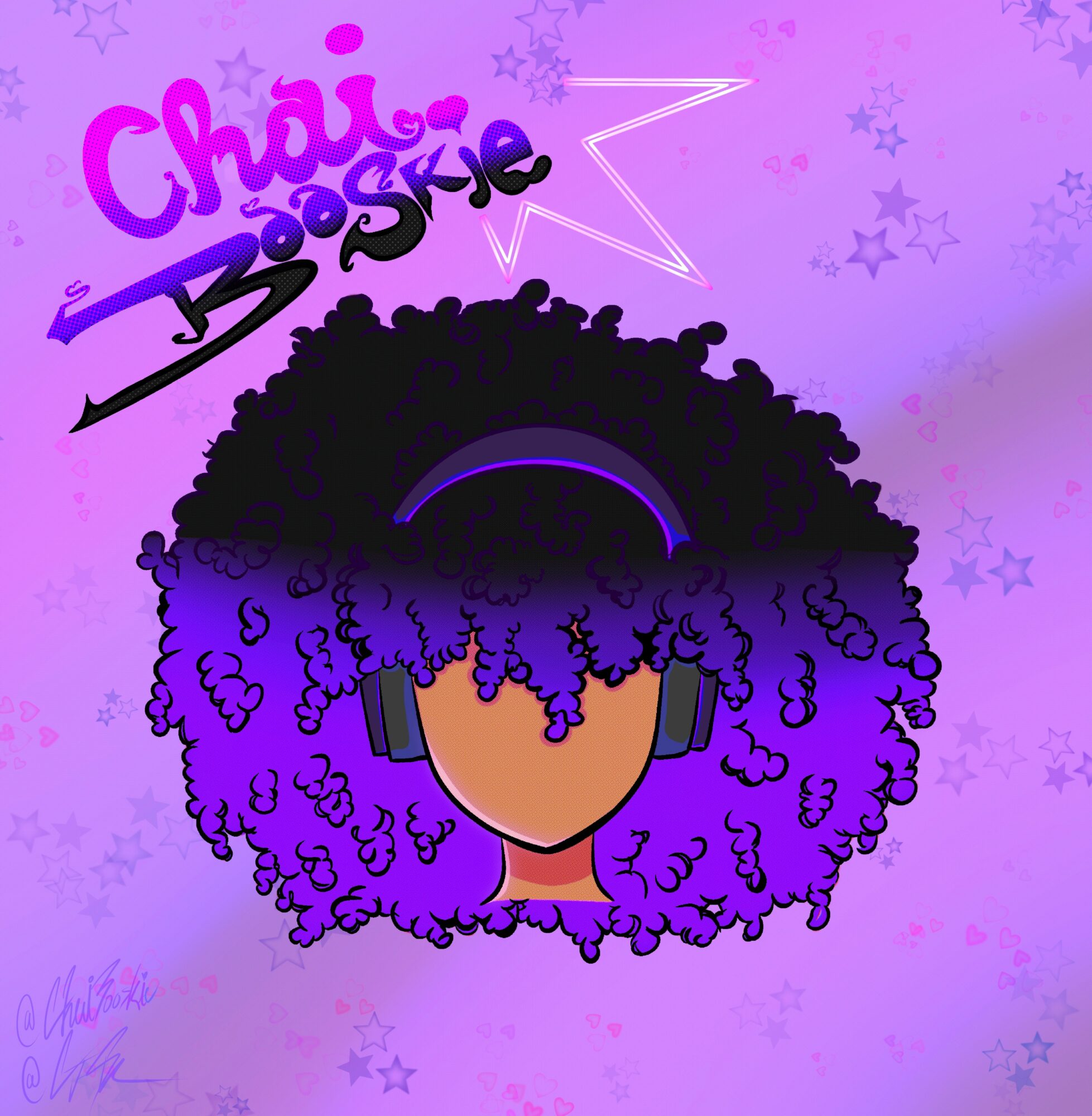 Illustration of a person with purple curly hair wearing headphones, with a pink and purple background and star decorations.