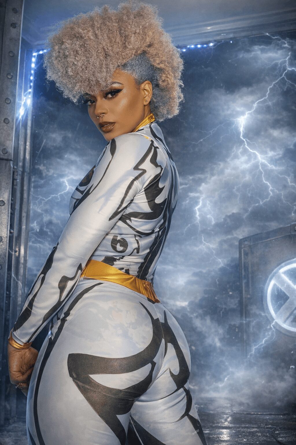 Person with curly blonde hair in futuristic outfit, standing against stormy sky with lightning, looking over shoulder.