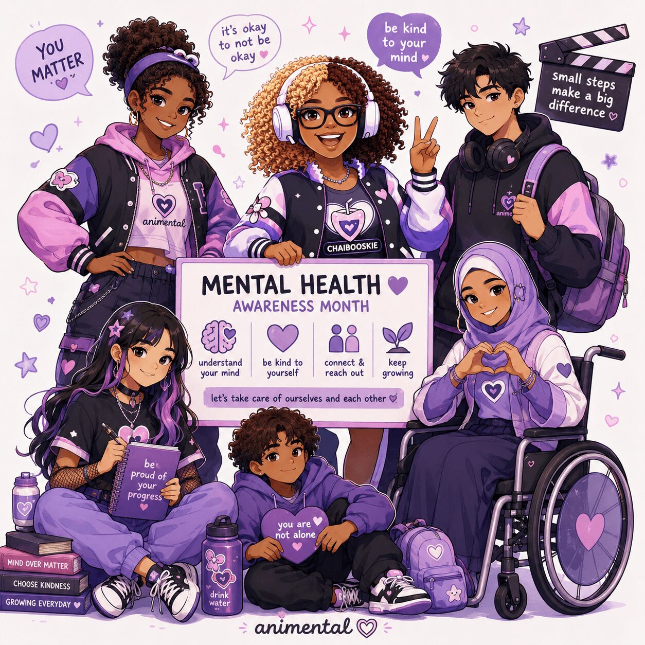 Group of five diverse young people with disabilities holding a sign for mental health awareness month, surrounded by purple-themed items and messages.