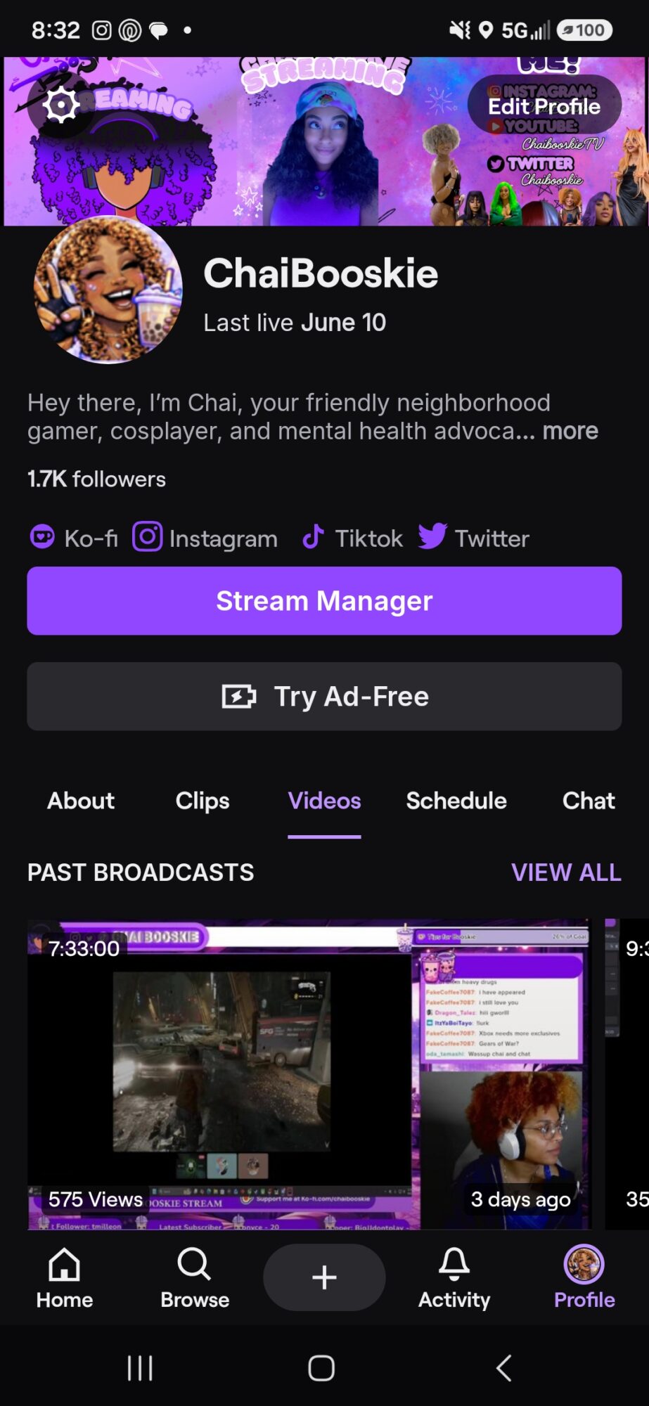 Screenshot of a social media profile page with a video player, profile picture, and navigation icons.