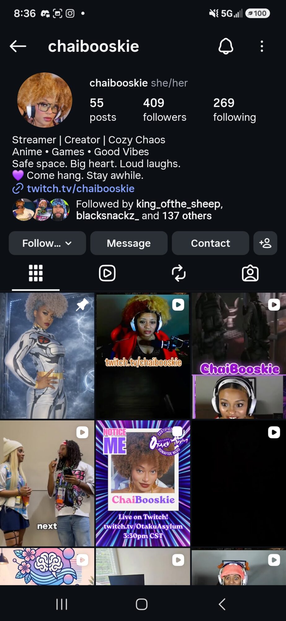 Screenshot of a TikTok profile page with profile picture, username, bio, and video thumbnails.