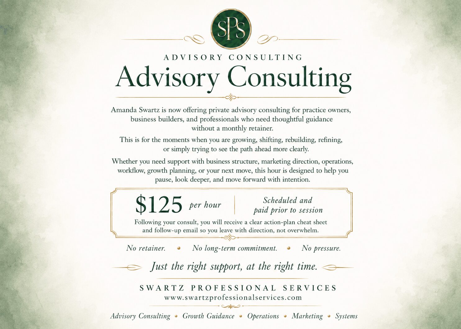 Certificate from Advisory Consulting with green logo, text, and a $125 fee, on a light background.