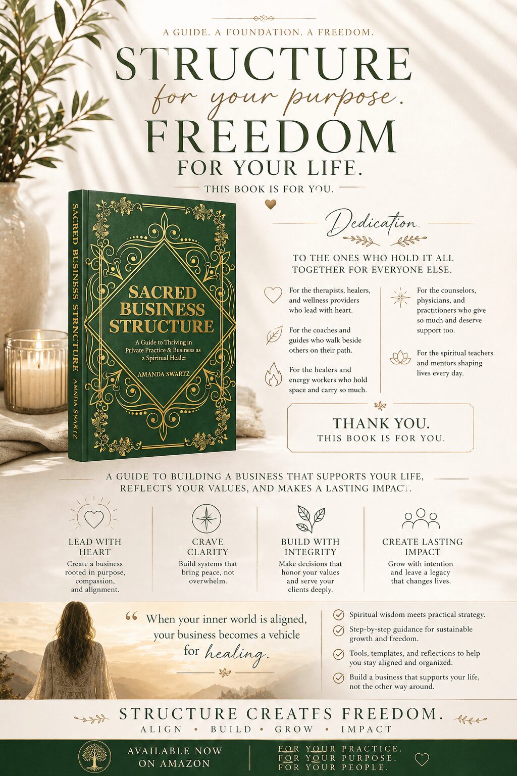 Page with text about structure and freedom, a green book cover titled 'Sacred Business Structure,' and decorative plants.