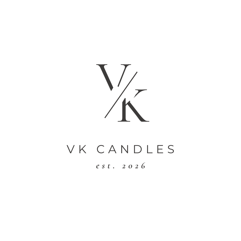 Logo with initials V and K, text 'VK CANDLES' and 'est. 2026' in black on white background.