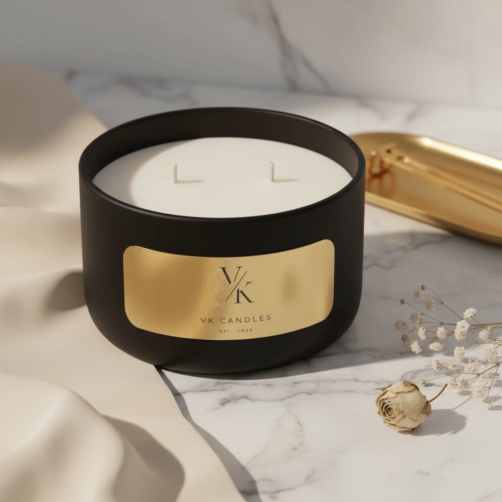 Black candle jar with gold label, white wax, gold decorative object, dried flower, and small white flowers on marble surface.