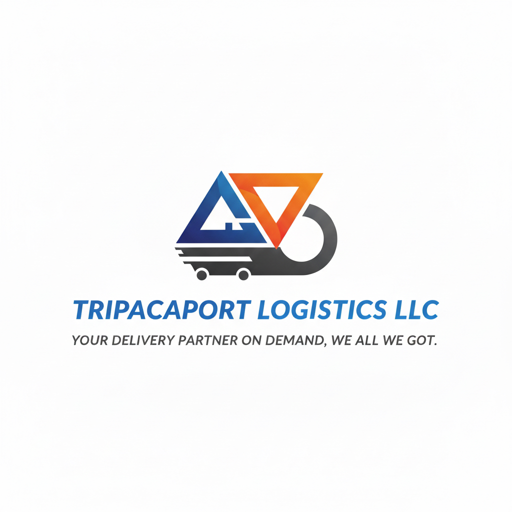 Logos of a triangle, arrow, and circle with a truck icon, company name, and slogan below.