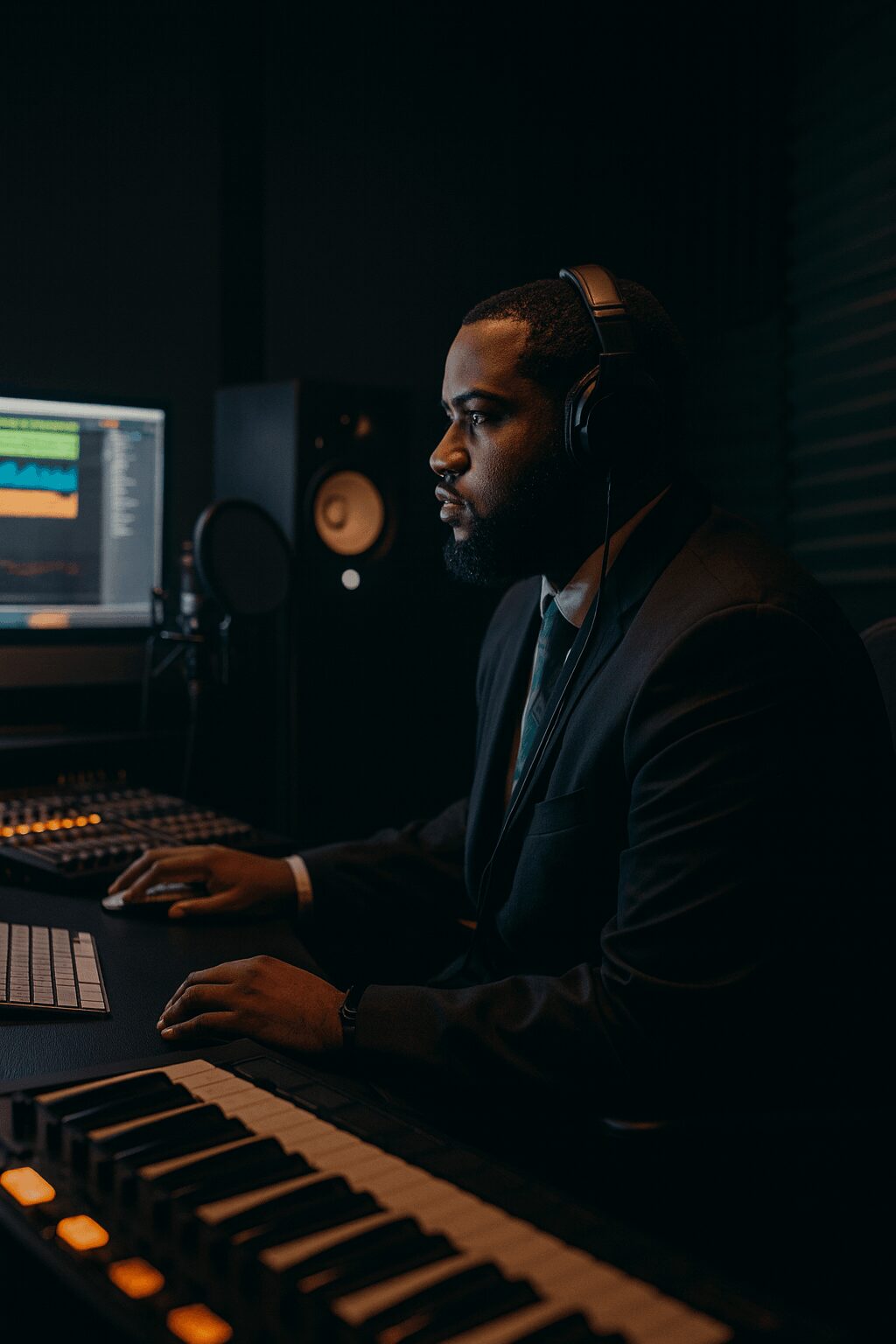 Man in headphones working at a music production studio with a keyboard and computer screen, dimly lit environment.