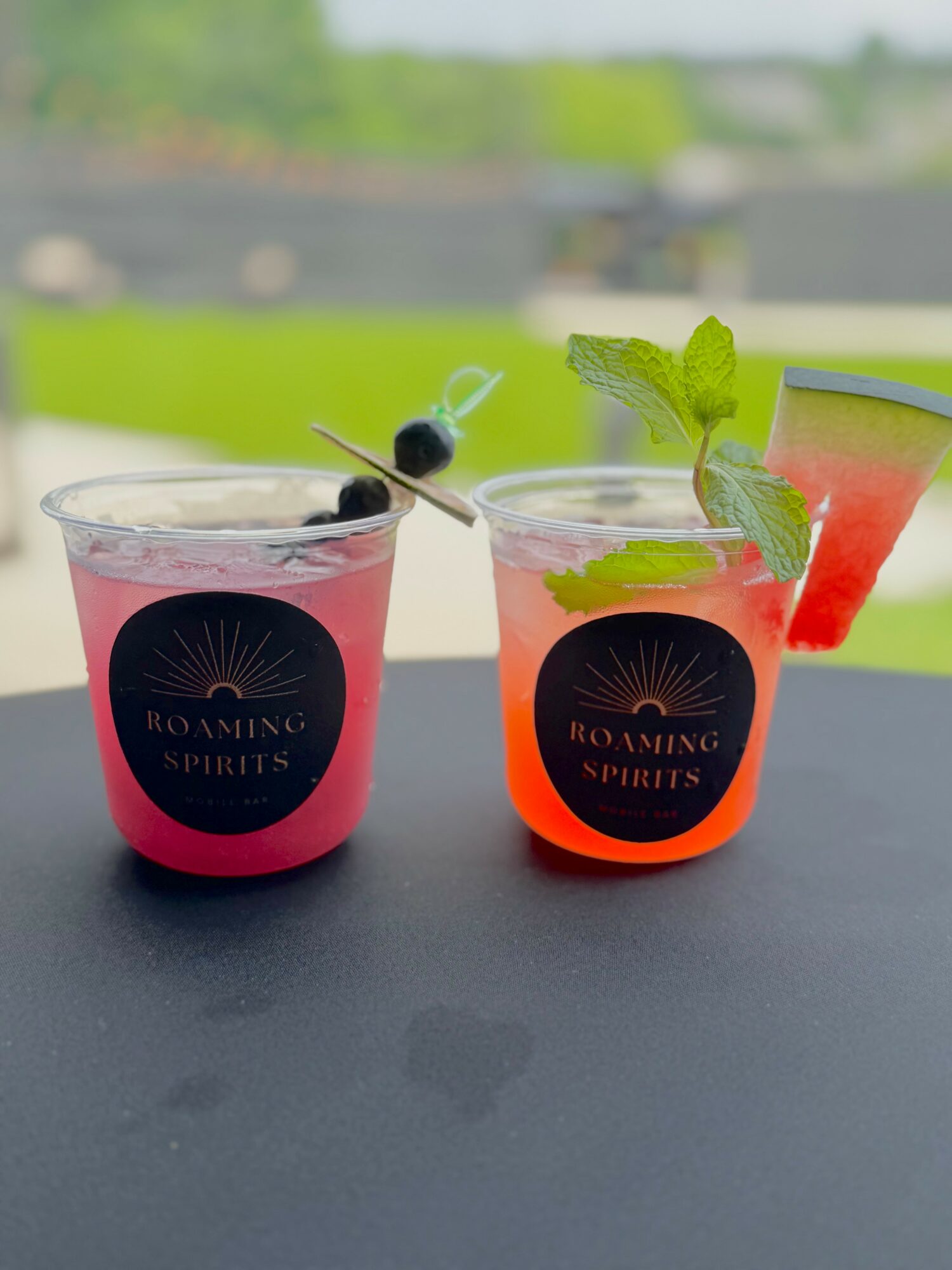 Two colorful drinks with garnishes on a dark surface, blurred outdoor background, and a bright sky.