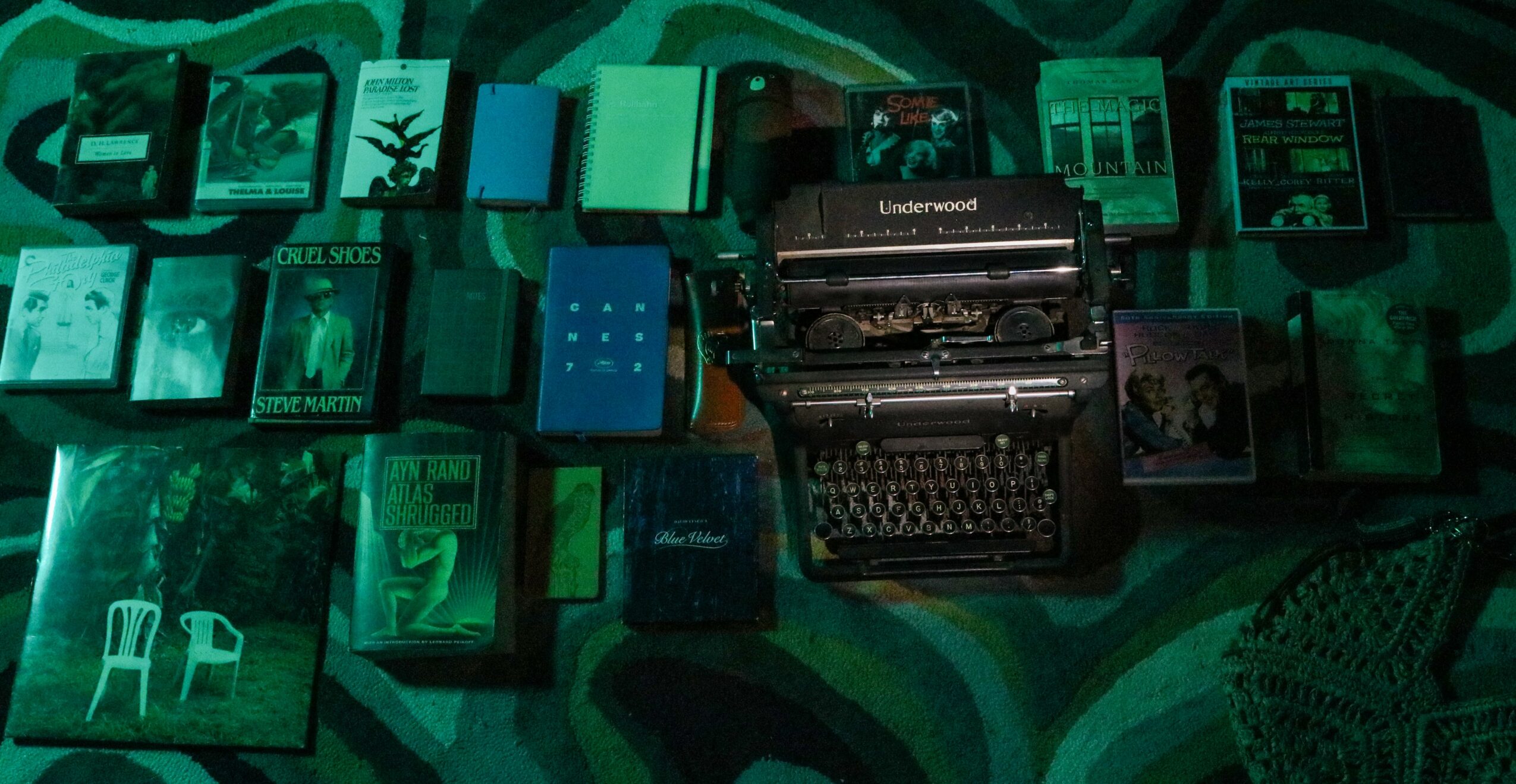 Typewriter surrounded by various small books and cards on a patterned surface.