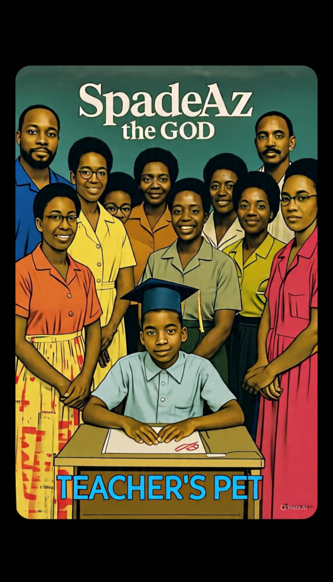 Group of children and adults, some wearing yellow, pink, and blue, with a boy in a blue cap at a desk, in front of a green background with text.