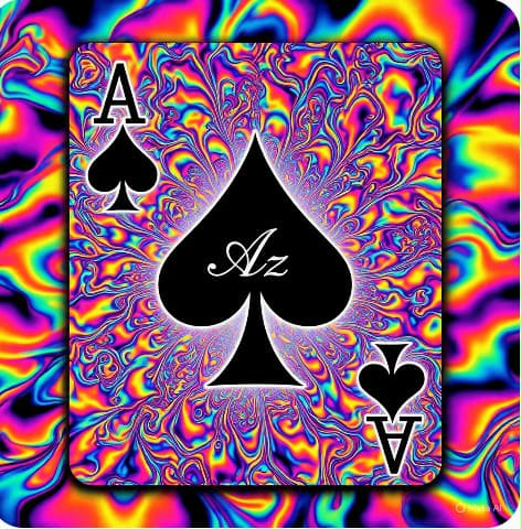 Playing card with a large black spade and colorful swirling background, labeled Ace of Spades and Ace of Clubs.