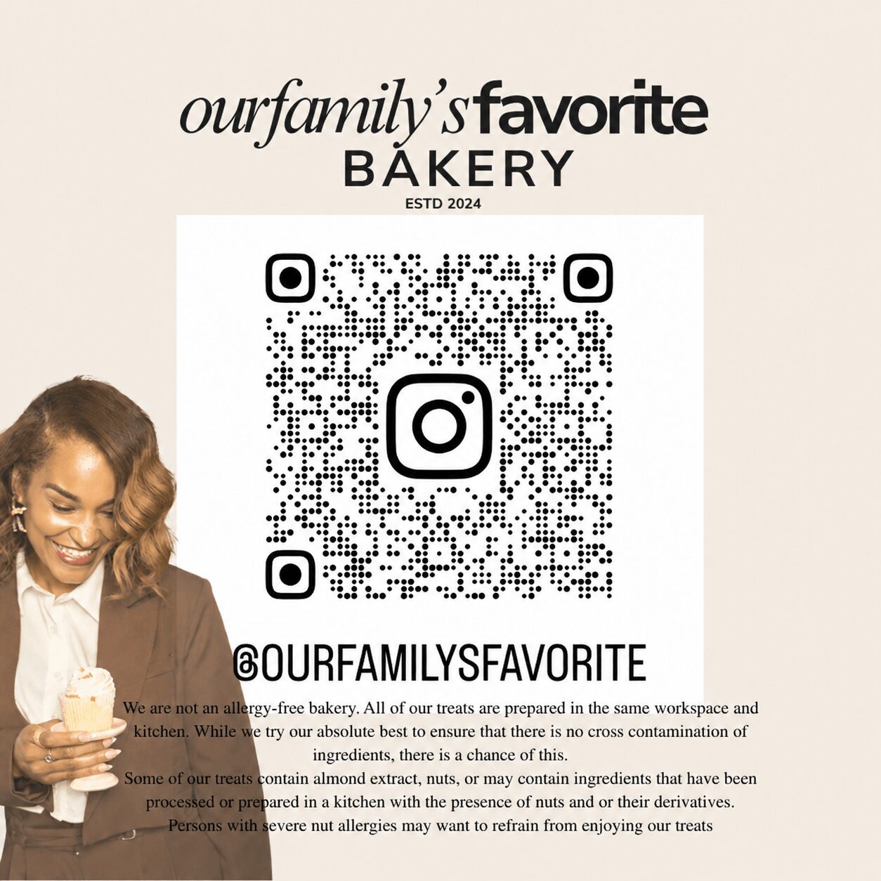 Bakery advertisement with Instagram QR code and a smiling woman holding a pastry, text about the bakery and allergies, on a beige background.