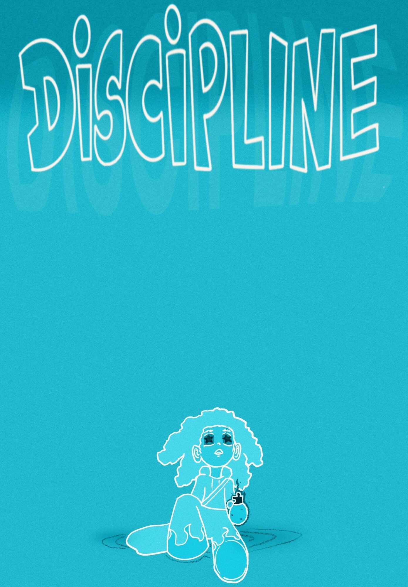 The word 'DISCIPLINE' in large, outlined letters with a reflection on a blue background. A cartoon girl with curly hair, sunglasses, and a bag is sitting on the ground.