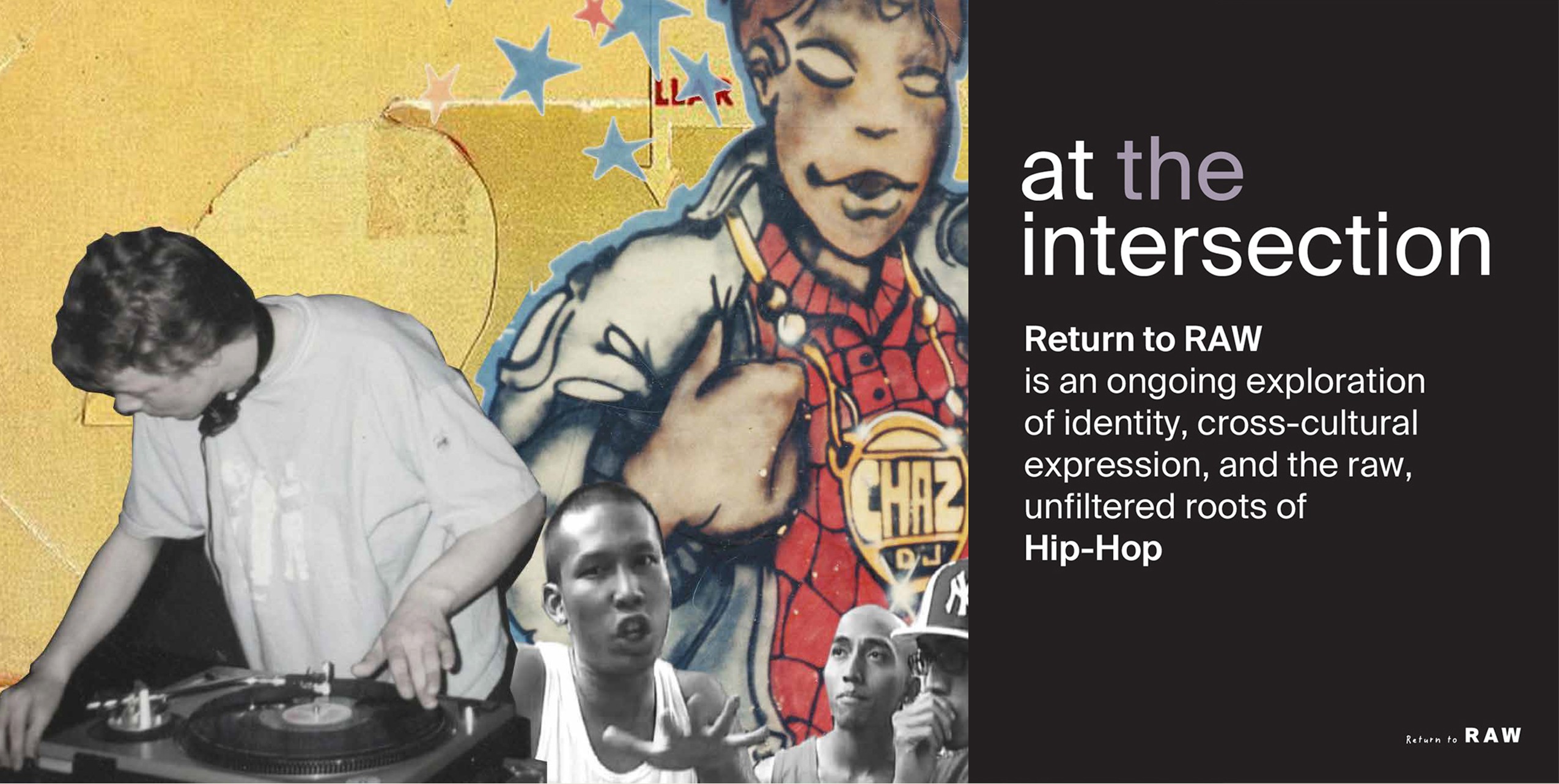 Collage of people and graffiti art with text about hip-hop and raw exploration, featuring a DJ and a woman speaking.