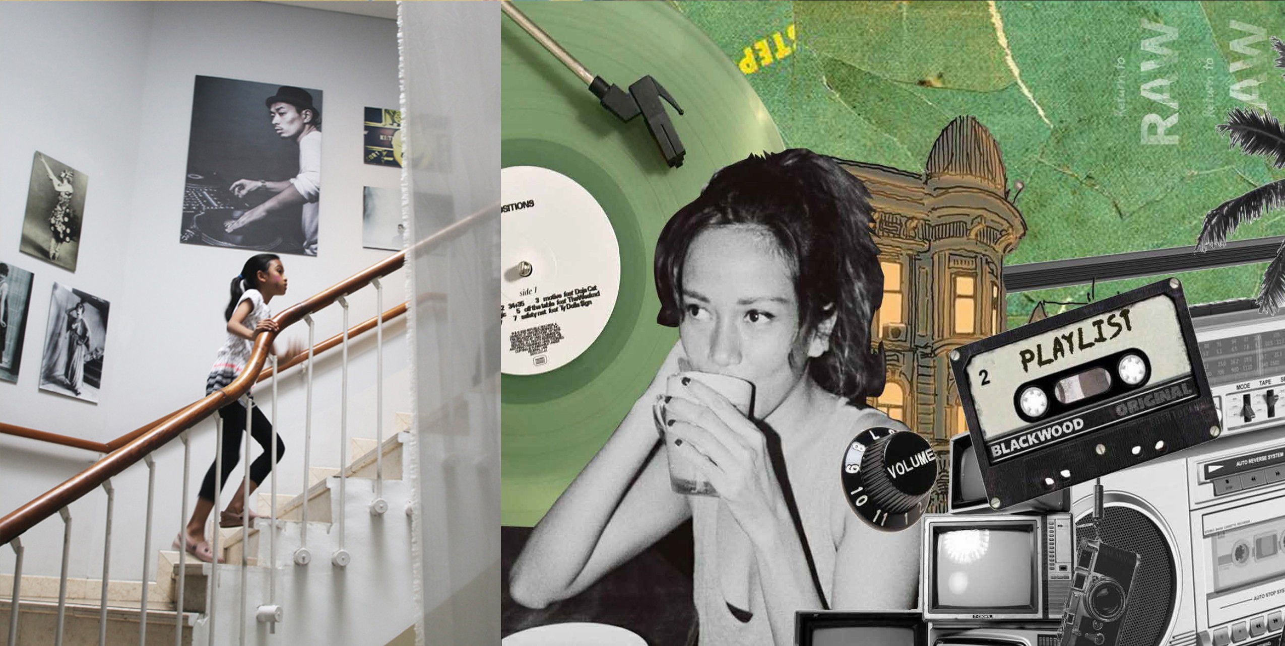 Two women, one on staircase and one in a room with music equipment, in black and white, with various photos and objects.