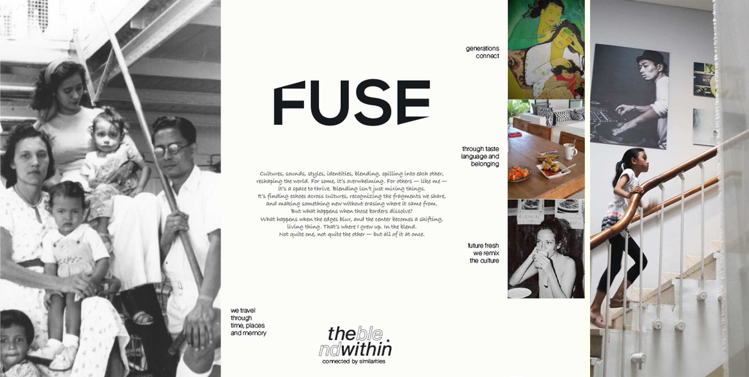 Group of children on stairs, with text about FUSE and the theme within, and various artwork images on the right side.