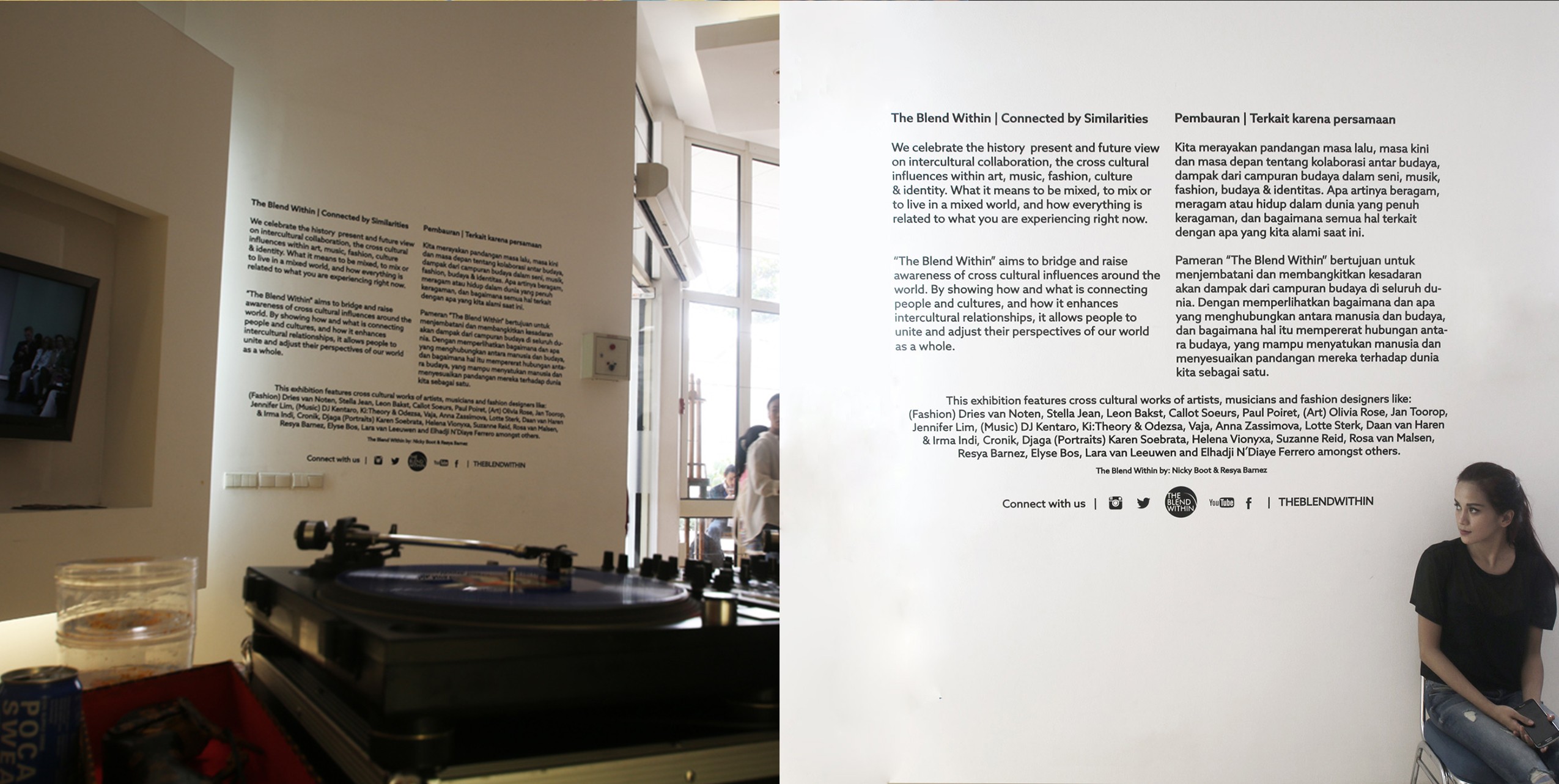 Turntable on a table with a wall and window in the background, and a woman sitting near a wall with text.