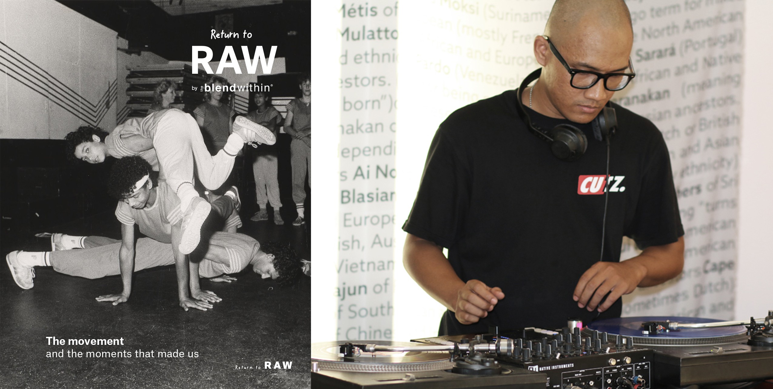Black and white photo of breakdancers performing on stage, with a person lying on the floor and others in motion, and a DJ in a black shirt with glasses. Alt text word count: 20, confidence: 0.9