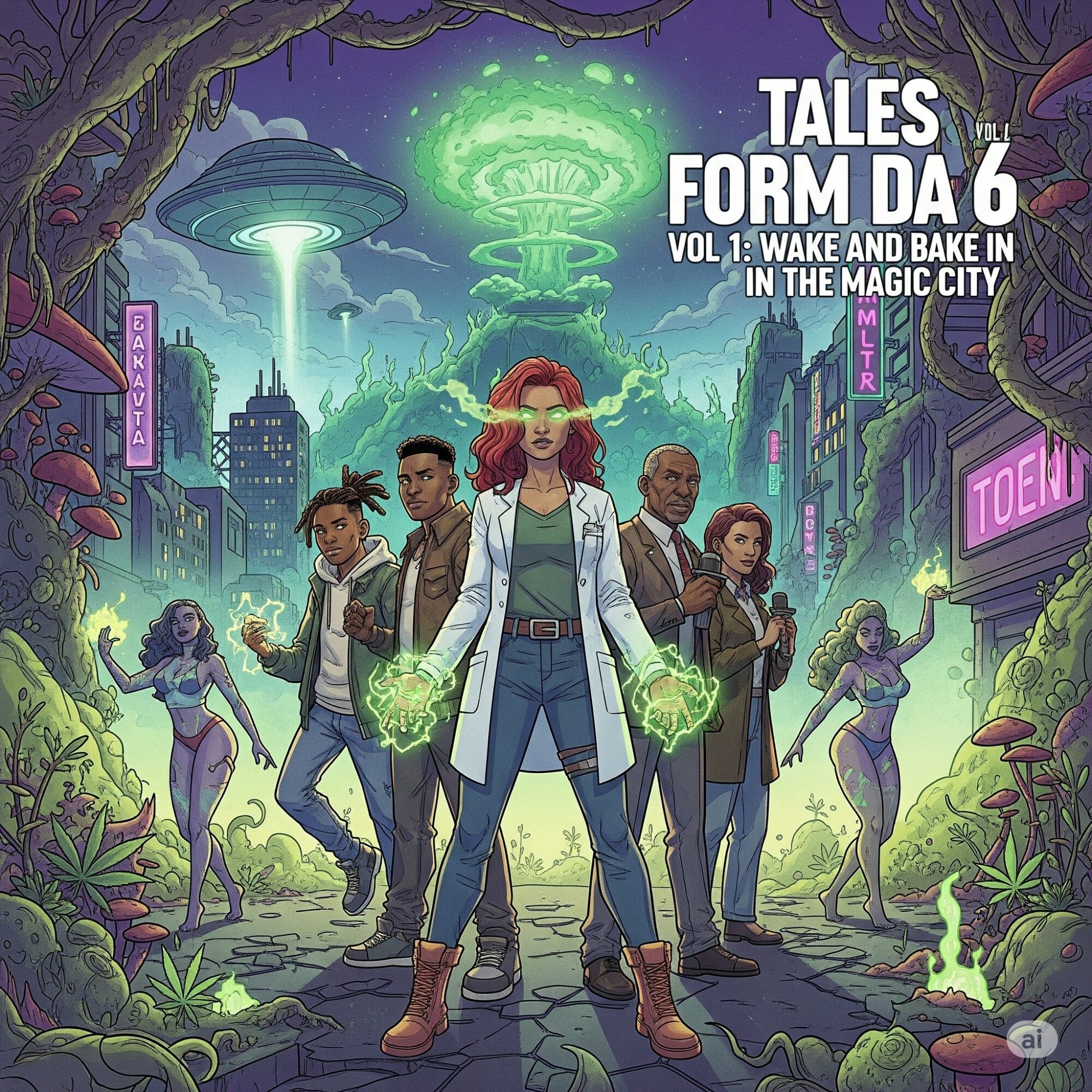 Group of five diverse people standing in a futuristic city with glowing green elements and alien-like figures in the background.