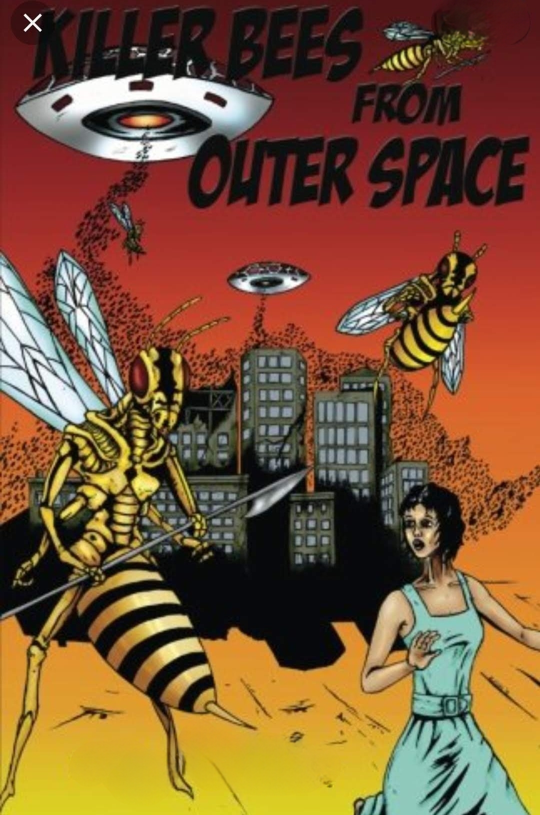 Comic-style illustration of giant bees attacking a city with flying saucers overhead, and a woman in a blue dress in the foreground.