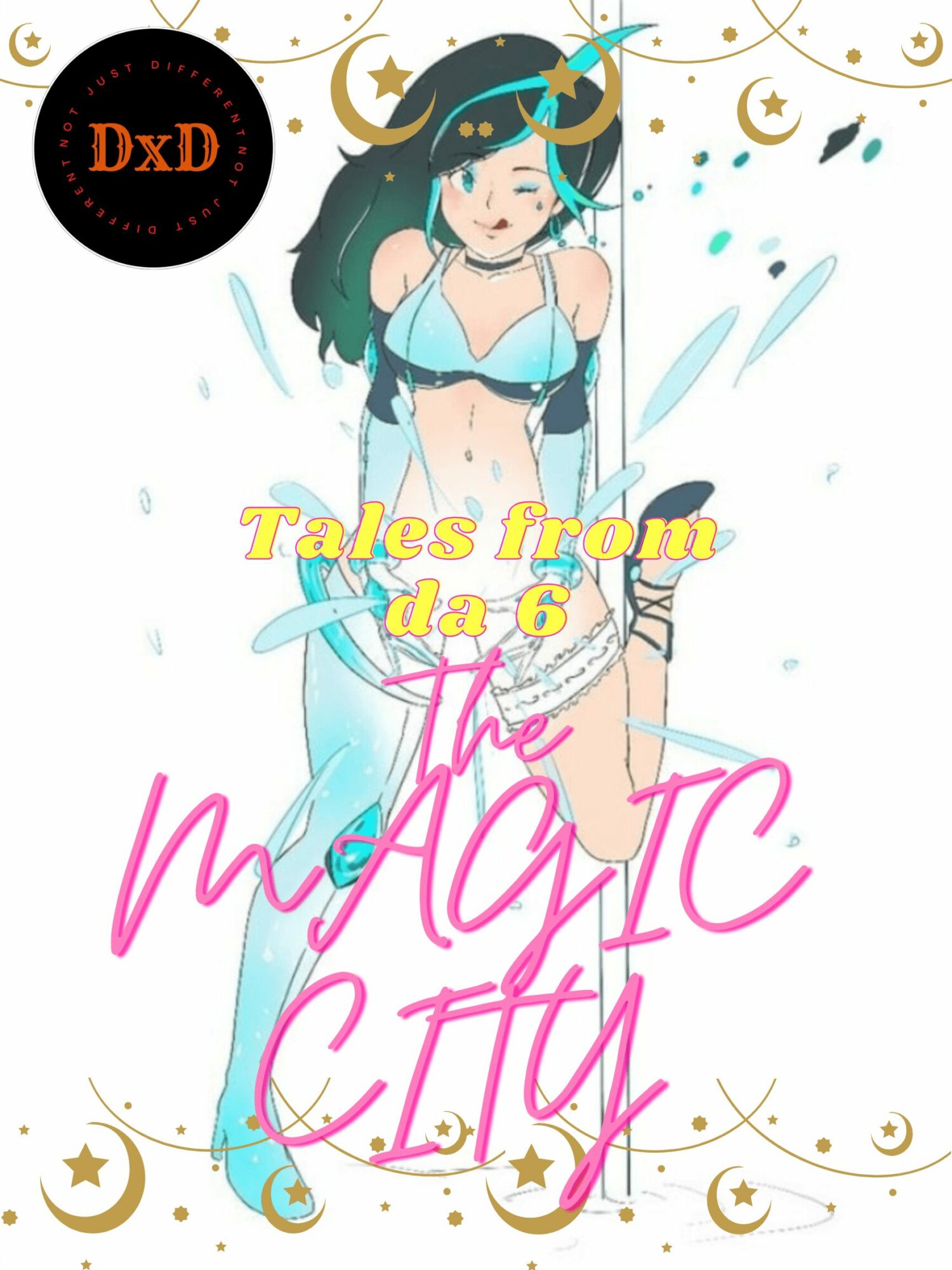Anime-style girl with long dark hair, wearing a blue bikini, surrounded by stars and moons, with colorful text overlay.
