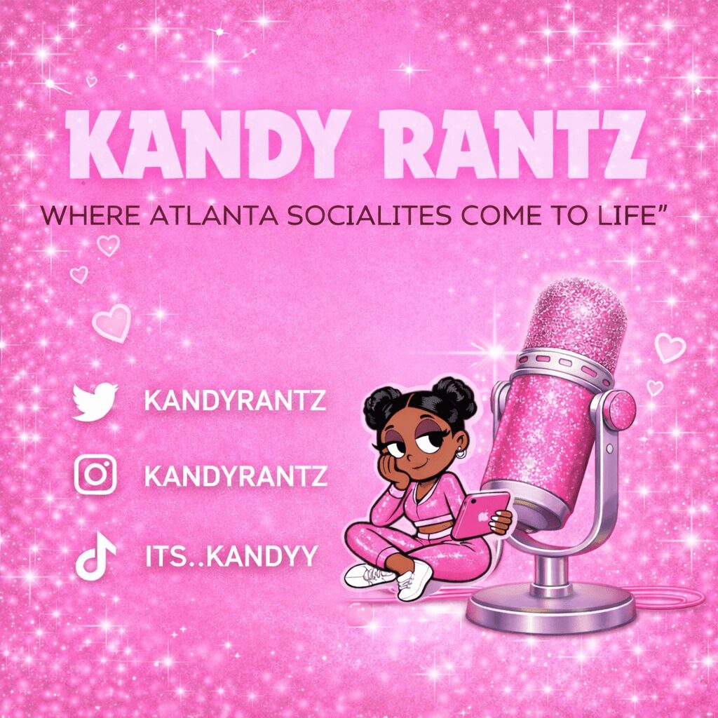 Pink background with sparkles, text, social media icons, and a cartoon girl sitting next to a microphone holding a phone.