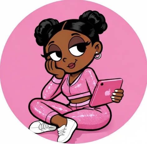 Cartoon girl with two buns, wearing pink outfit, holding a pink tablet, sitting with one leg crossed, against pink background.