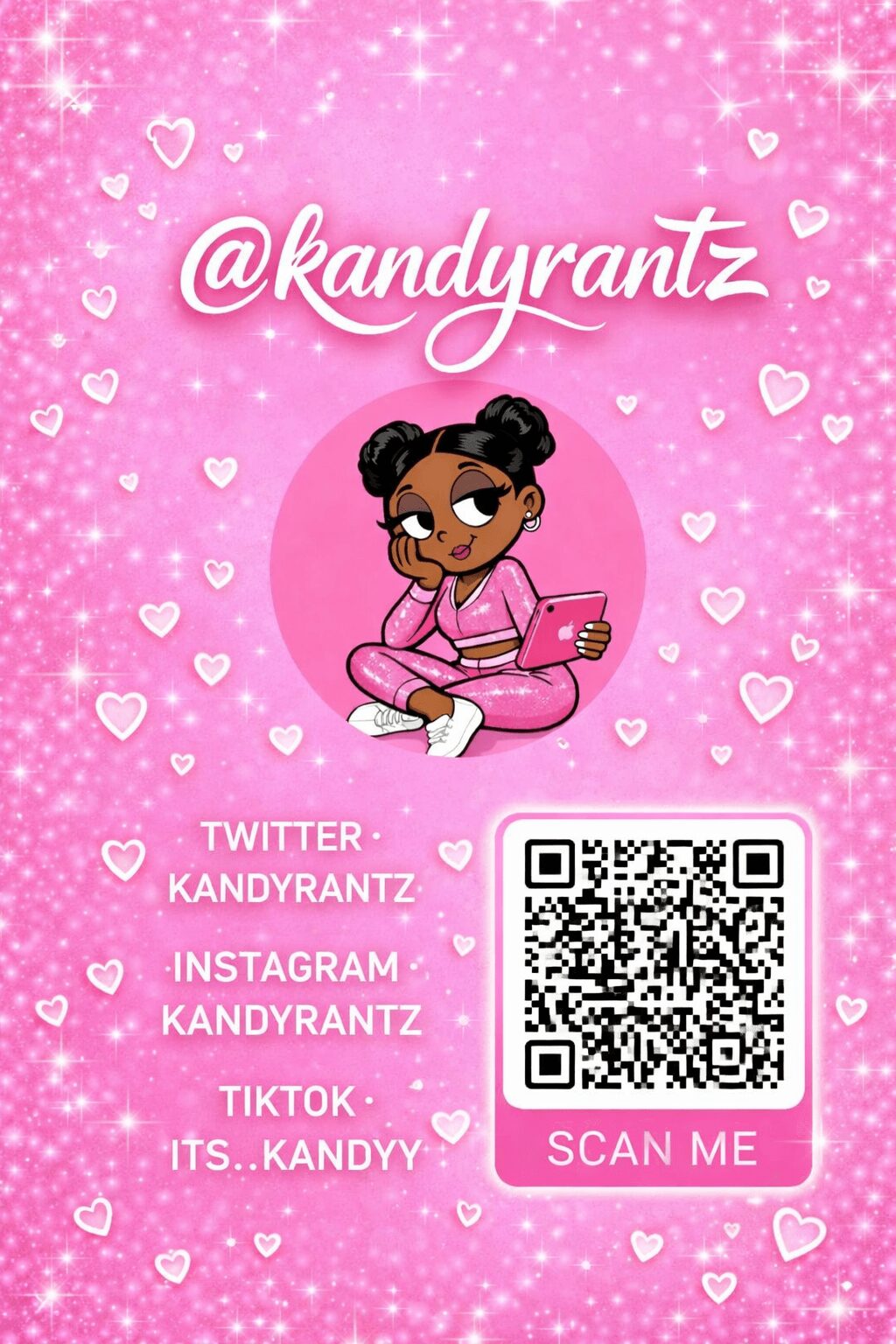 Cartoon girl with dark hair in buns, pink outfit, sitting with a phone, surrounded by hearts on pink background.