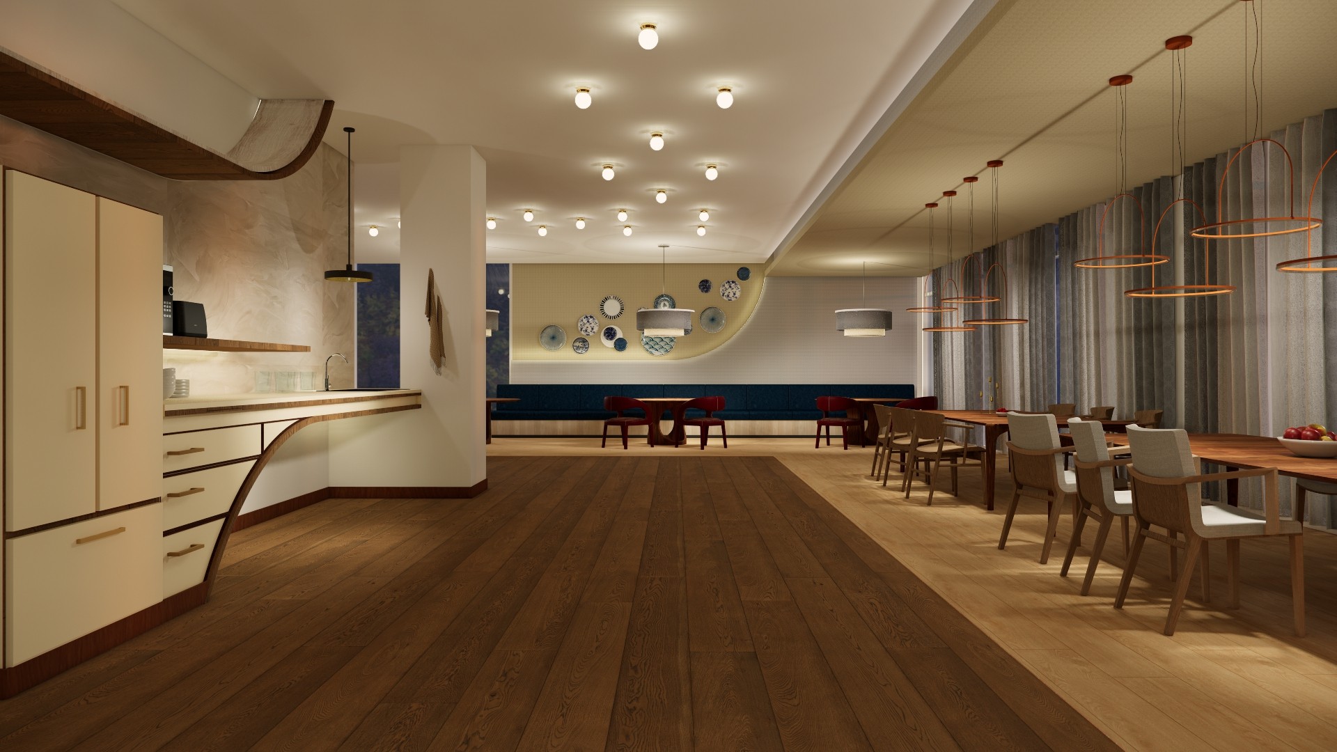 Spacious dining area with tables, chairs, and large windows with curtains, modern lighting, and a wooden floor.