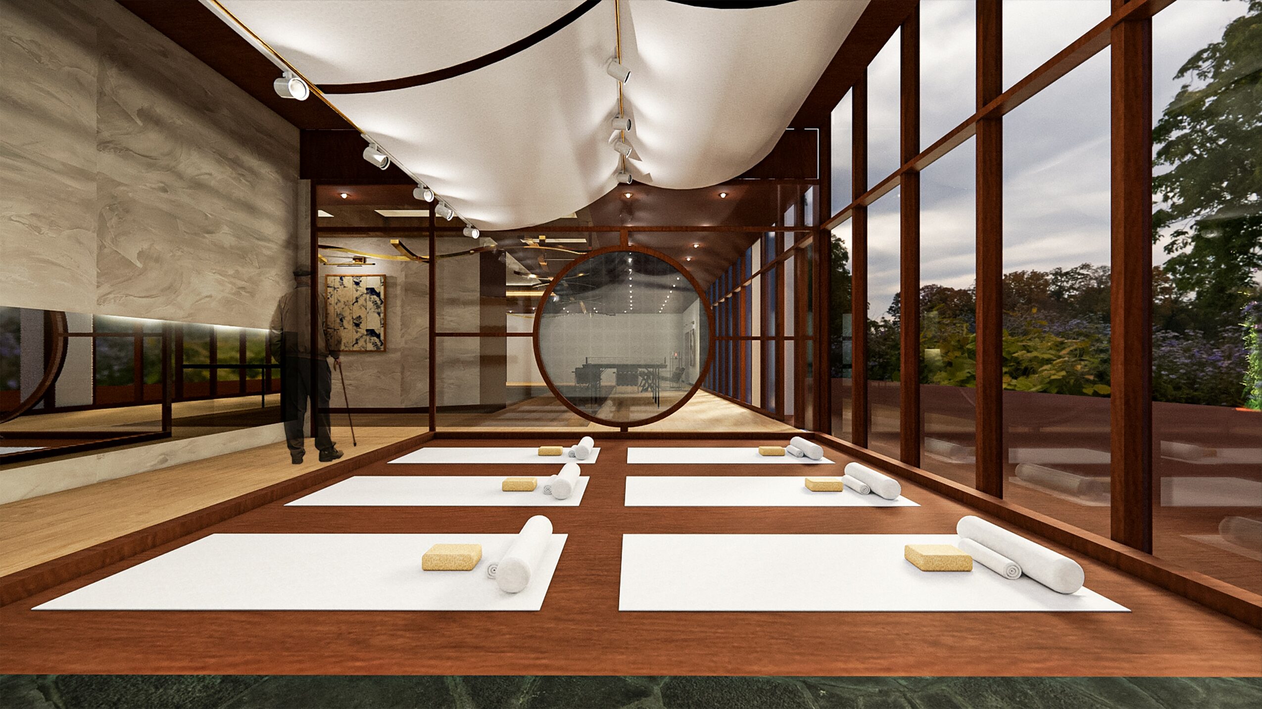 Interior of a traditional Japanese dining room with low tables, white cushions, and large windows showing trees outside.