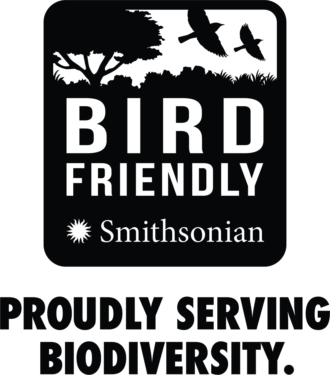 A black and white logo with text indicating bird-friendly certification and biodiversity support, including the Smithsonian.