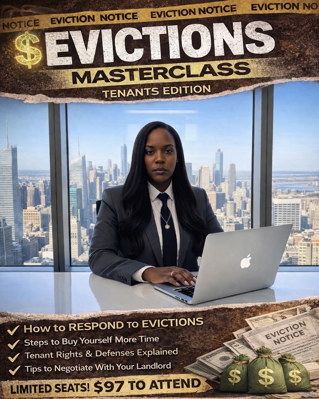 Woman in business suit sitting at desk with laptop in office with city skyline view behind her.