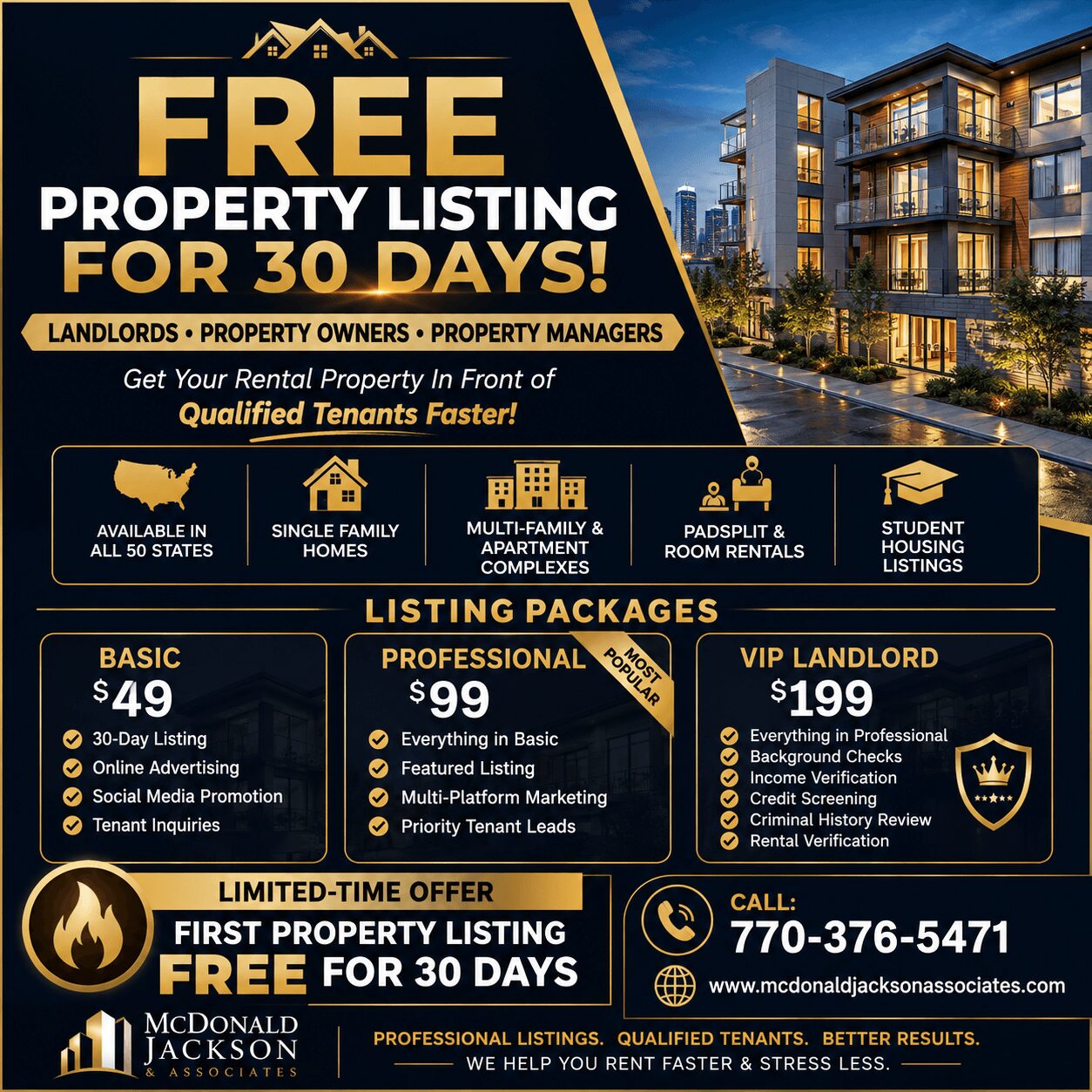Advertisement for free property listing for 30 days, featuring images of modern apartment buildings and icons for different listing types.