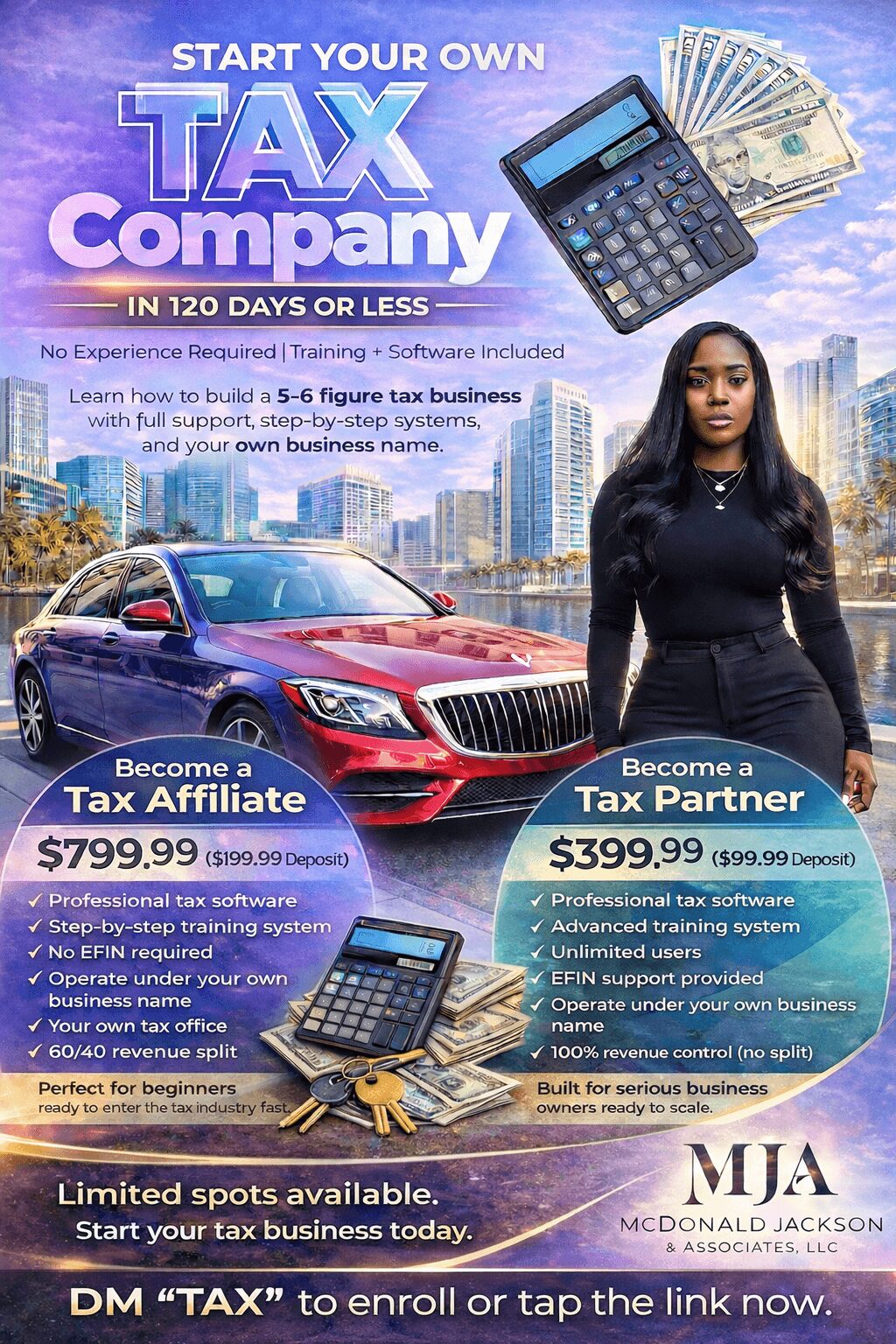 Promotional flyer for tax company with a woman, car, calculator, and cash, offering tax affiliate and partner programs.