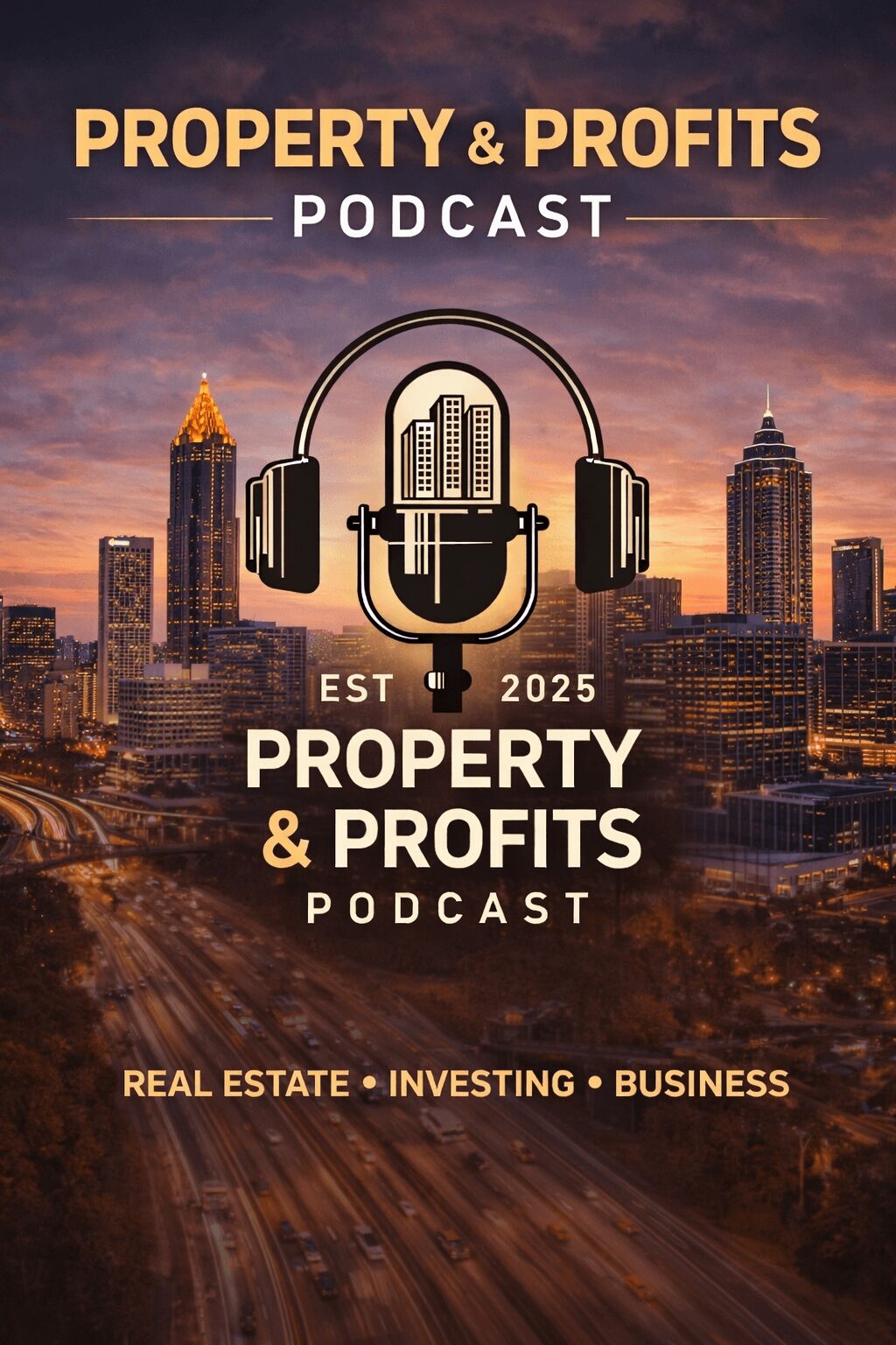City skyline at sunset with podcast title and logo, featuring a microphone and headphones, and text about property and profits.