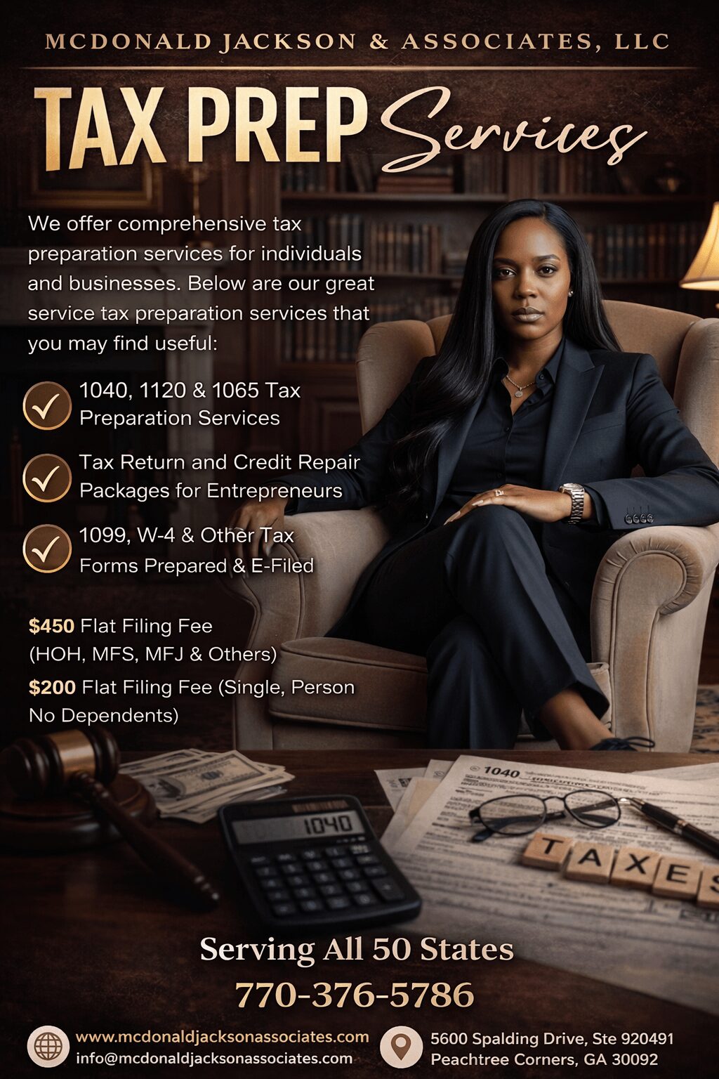 Businesswoman sitting at desk with calculator, papers, and a gavel, promoting tax preparation services.
