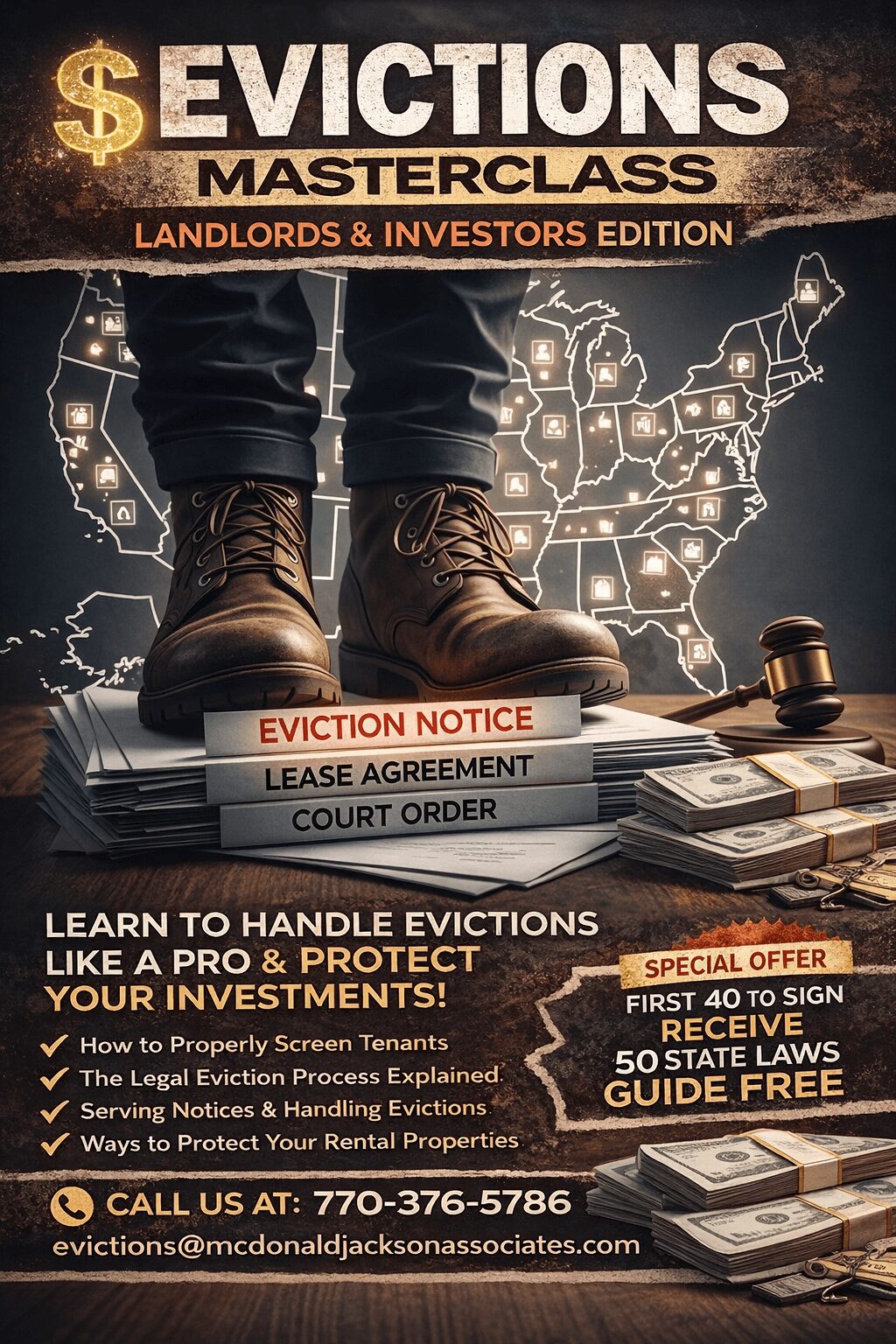 Boots stand on eviction notices, with a map of the United States and money in the background.