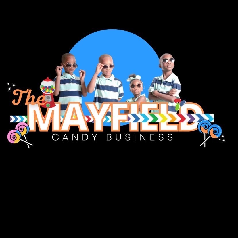 Four children in striped shirts with sunglasses, colorful candies, and lollipops, standing in front of a blue circle, with text about a candy business.