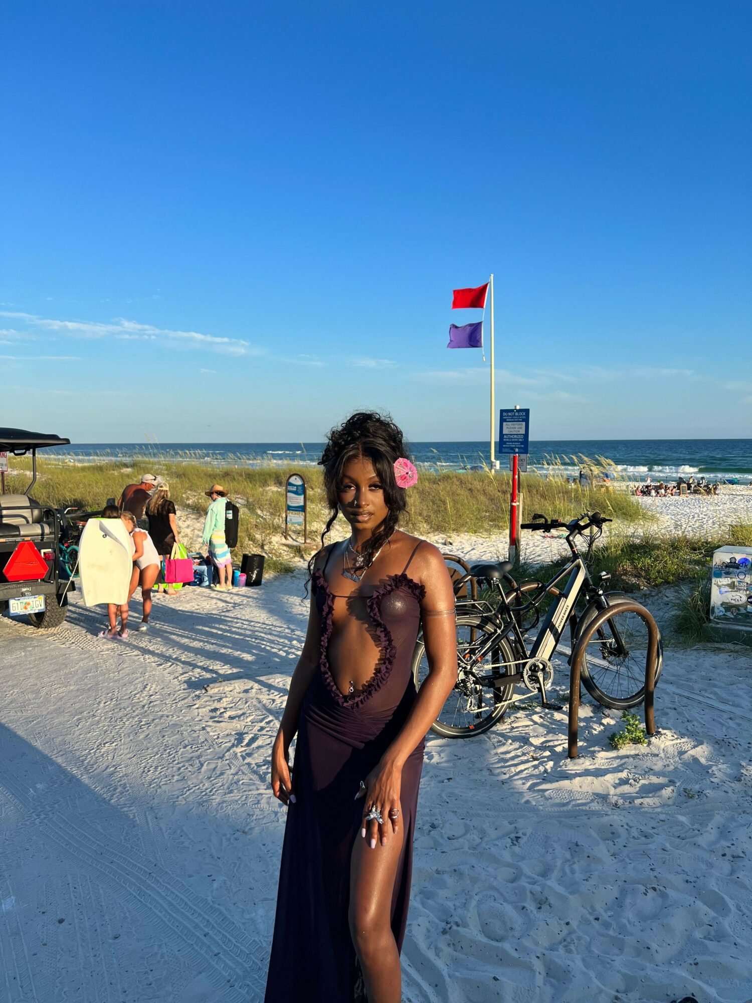 Woman in swimsuit standing on sandy beach with bicycle and flags, ocean and sky in background.