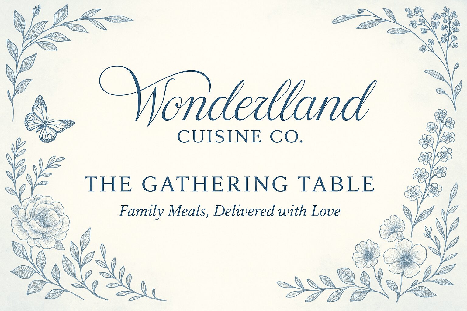Decorative menu for Wonderland Cuisine with floral and butterfly illustrations, featuring the gathering table and family meals slogan.